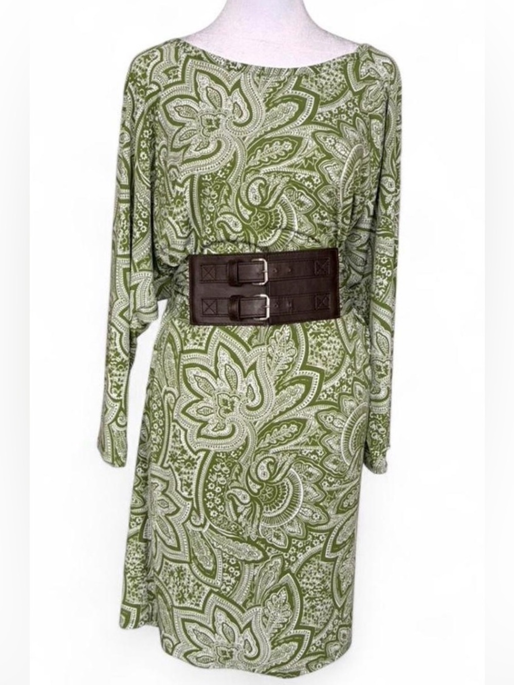 Michael Kors Green Paisley Boatneck Long Sleeve Dress